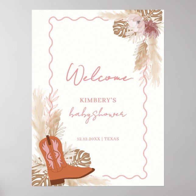 Poster Boots Boots Boho Cowgirl Pampas Baby shower Bienve (Devant)