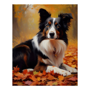Poster Border Collie dans les feuilles d'automne chute In