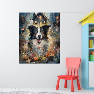 Poster Border Collie d'Halloween avec citrouilles effraya