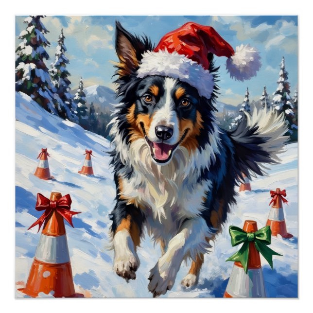 Poster Border Collie Dog Christmas Snow Agility Fun (Devant)
