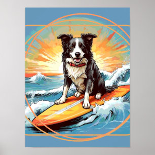 Poster Border Collie noir et blanc en surf