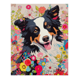 Poster Bordure Collie Chien et Fleurs 002 - Bijou sur mes