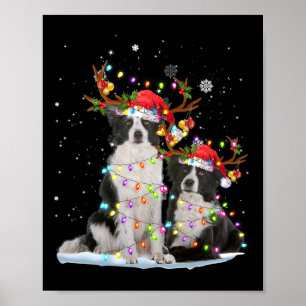 Poster Bordure Collie Reindeer Santa Hat Noël Lumières Ch