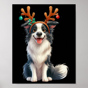 Poster Bordure Collie Reindeer Santa Hat Noël Lumières Ch