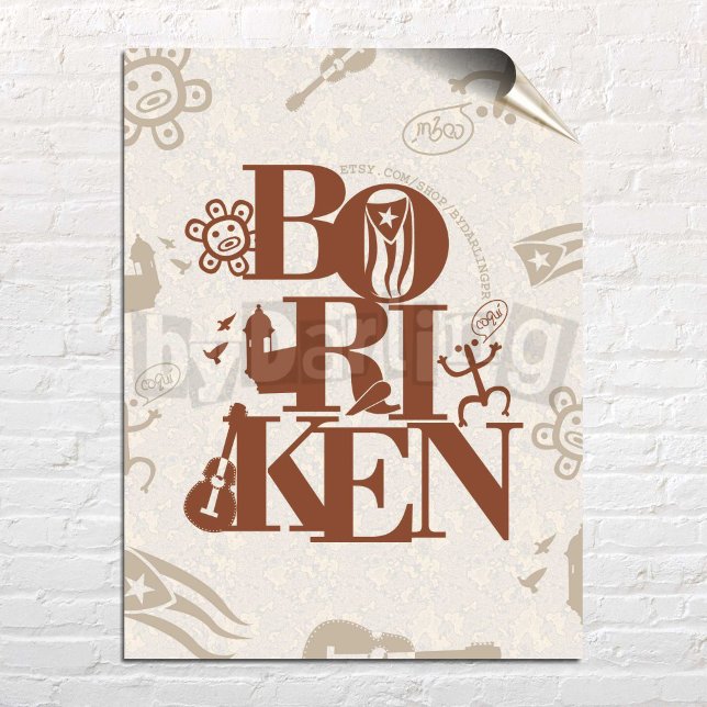 Poster Boriken Porto Rico Taino Wall Art Télécharger l'af (Boriken Puerto Rico Brown Art Printed Poster over white brick wall)