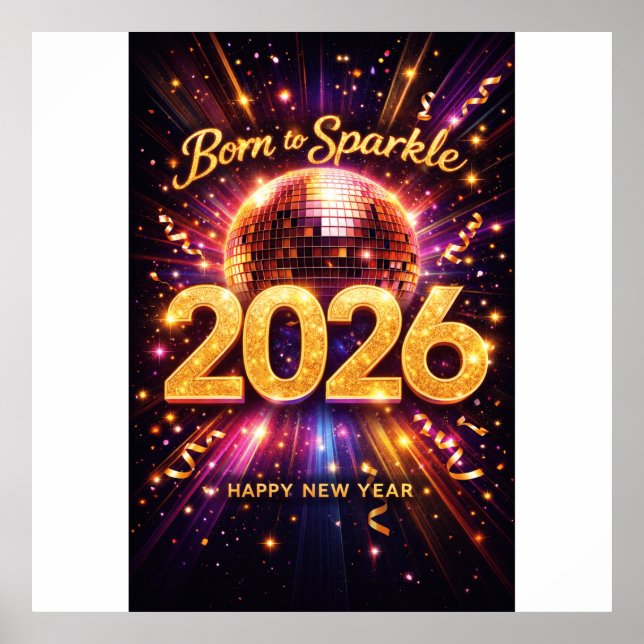 Poster Born to Sparkle 2026 Disco Ball Happy New Year (Devant)