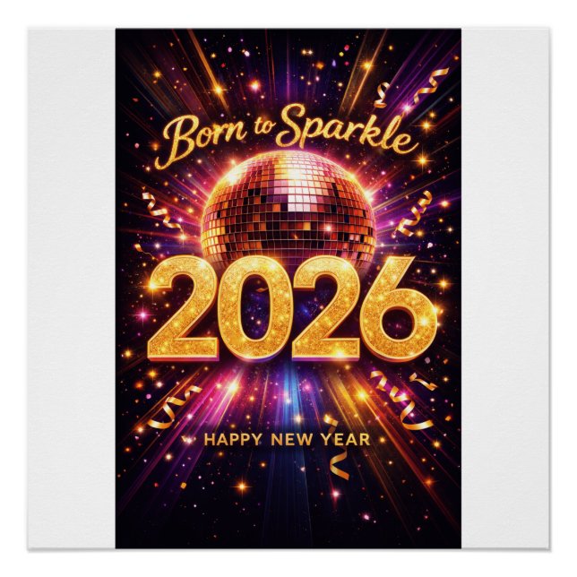 Poster Born to Sparkle 2026 Disco Ball Happy New Year (Devant)