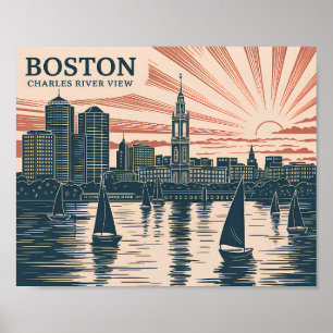 Poster Boston Charles River Voiliers Skyline Art Vintage