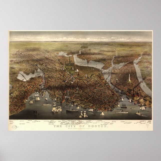 Poster Boston Massachusetts 1873 Antique carte panoramiqu (Devant)