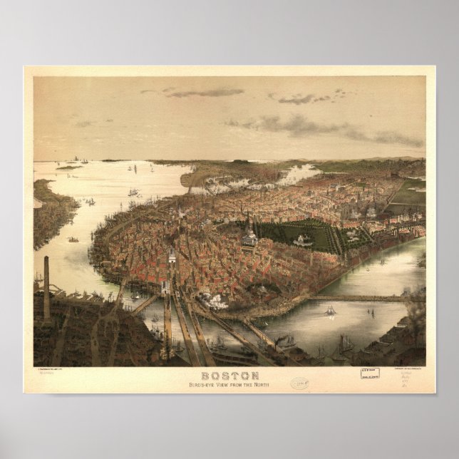 Poster Boston Massachusetts 1877 Carte panoramique antiqu (Devant)