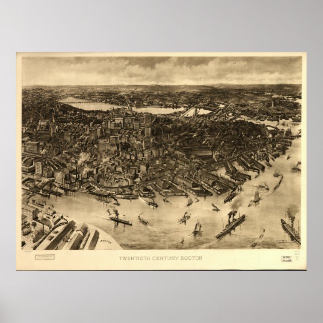 Poster Boston Massachusetts 1905 Antique carte panoramiqu (Devant)
