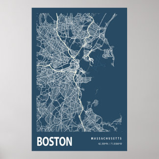 Poster Boston Massachusetts City Map Line Art Blue Imprim