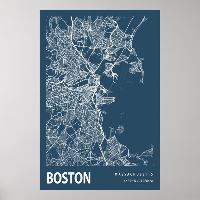 Poster Boston Massachusetts City Map Line Art Blue Imprim (Devant)