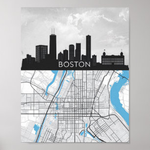 Poster Boston Massachusetts City Skyline avec carte