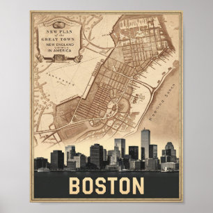 Poster Boston Massachusetts City Skyline Avec Carte Vinta