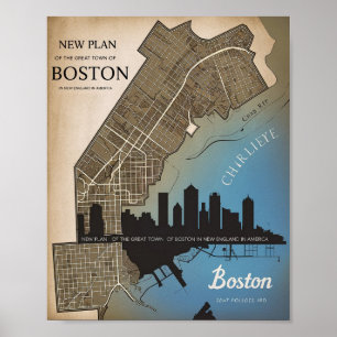 Poster Boston Massachusetts City Skyline Avec Carte Vinta