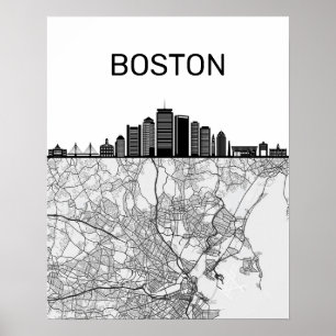 Poster Boston Massachusetts City Skyline With Map