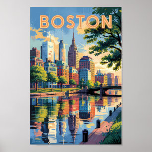 Poster Boston Massachusetts Skyline Travel Art Vintage