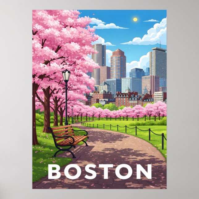 Poster Boston skyline sous fleurs de cerisiers en fleurs (Devant)