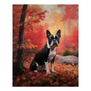 Poster Boston Terrier à l'automne Leaves automne Inspire