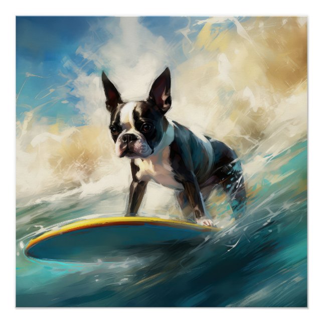 Poster Boston Terrier Beach Surfing Peinture (Devant)