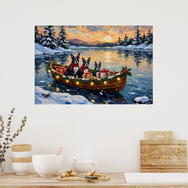 Poster Boston Terrier Christmas Boat Holiday (Cuisine)