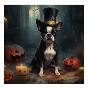 Poster Boston Terrier Citrouille Halloween effroi