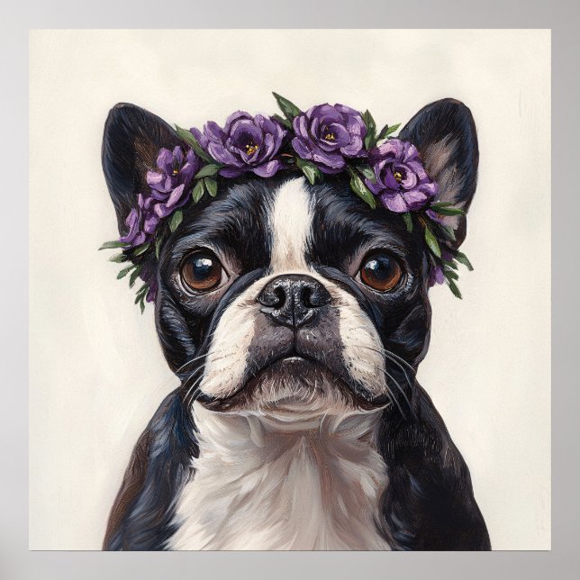 Poster Boston Terrier dans une couronne de fleurs violett (Devant)