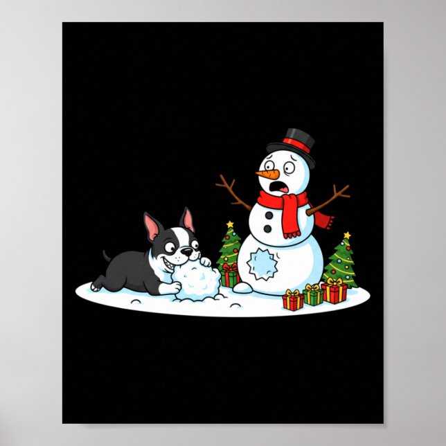 Poster Boston Terrier Snowman Christmas Tree Xmas Womens  (Devant)