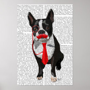Poster Boston Terrier With Red Tie and Moustache