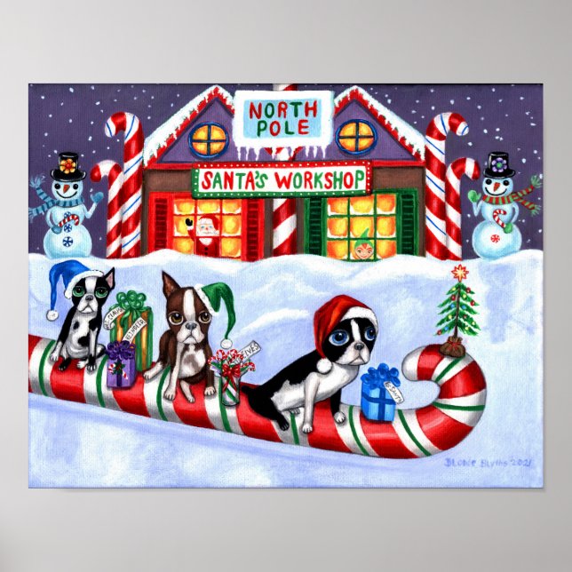 Poster Boston Terriers Sucre de canne Père Noël Christmas (Devant)