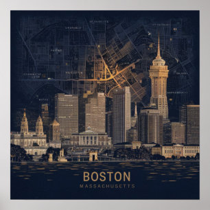 Poster Boston, vue panoramique de la ville avec carte