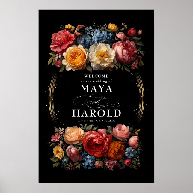 Poster Botanique Floral Moody Mariage noir Bienvenue (Devant)