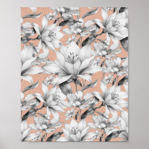 Poster Botanique noir blanc rose or parties scintillant f