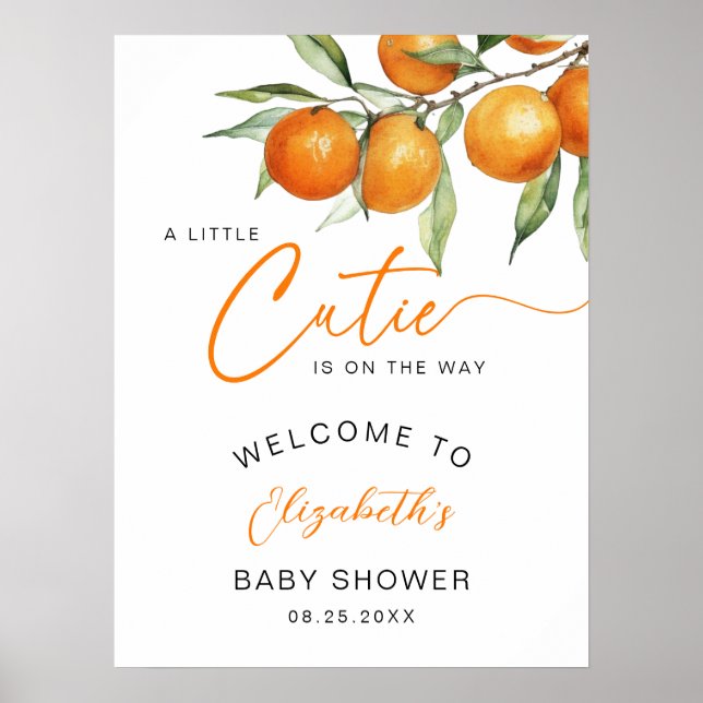 Poster Botanique Orange Little Cutie Baby shower Bienvenu (Devant)