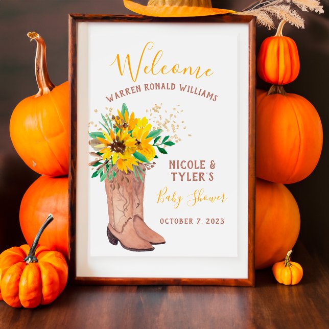 Poster Botte de cowboy rustique baby shower aquarelle (Rustic cowboy boots watercolor baby shower poster)