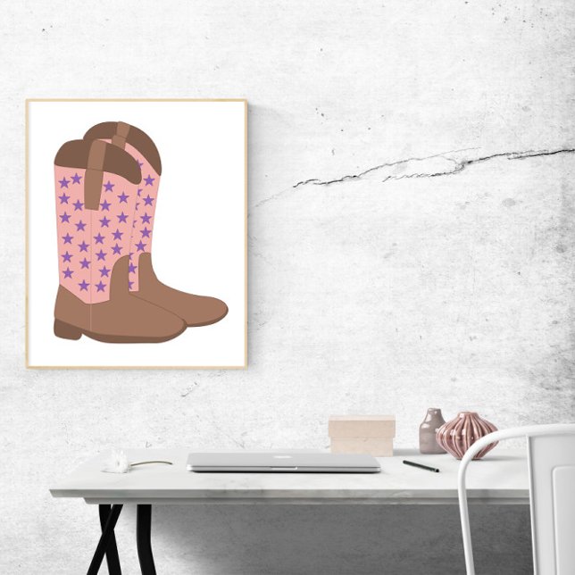Poster Botte de garçon rose Brown violet étoiles (A poster of pink and brown cowboy boots with purple stars)