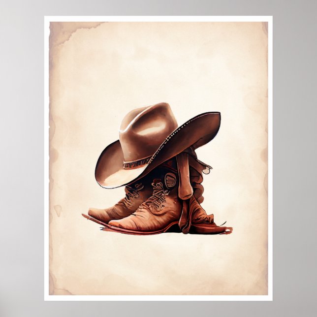 Poster Bottes Cowboy & Casquette Aquarelle Art (Devant)