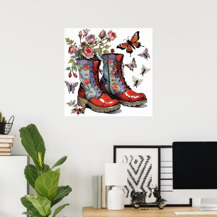 Poster Bottes de combat florales avec fleurs et papillons
