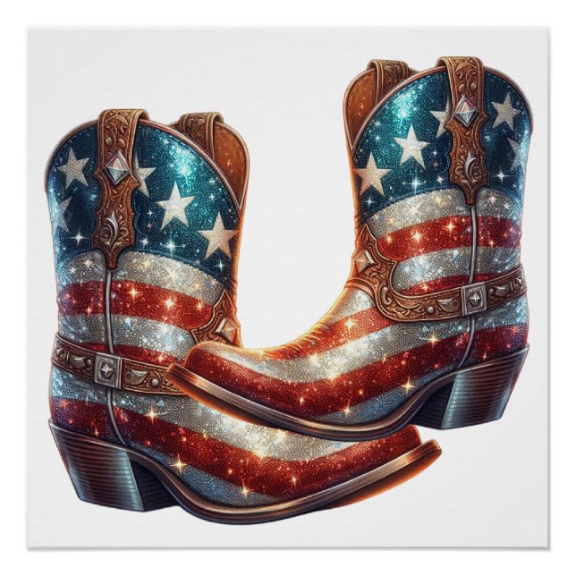 Poster Bottes de cowboy Drapeau Américain Bling (Devant)