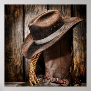 Poster bottes de cowboy en bois de grange de brun de pays