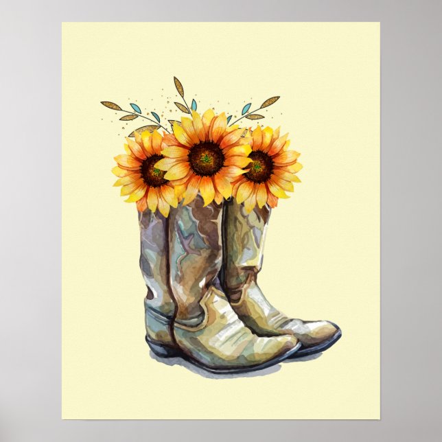 Poster Bottes rustiques Cowboy avec tournesol (Devant)