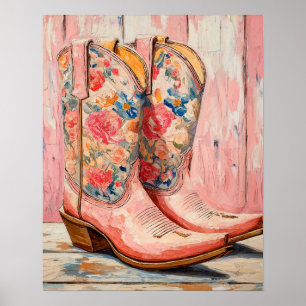 Poster Bottes vintages florales roses de cowgirl Ouest