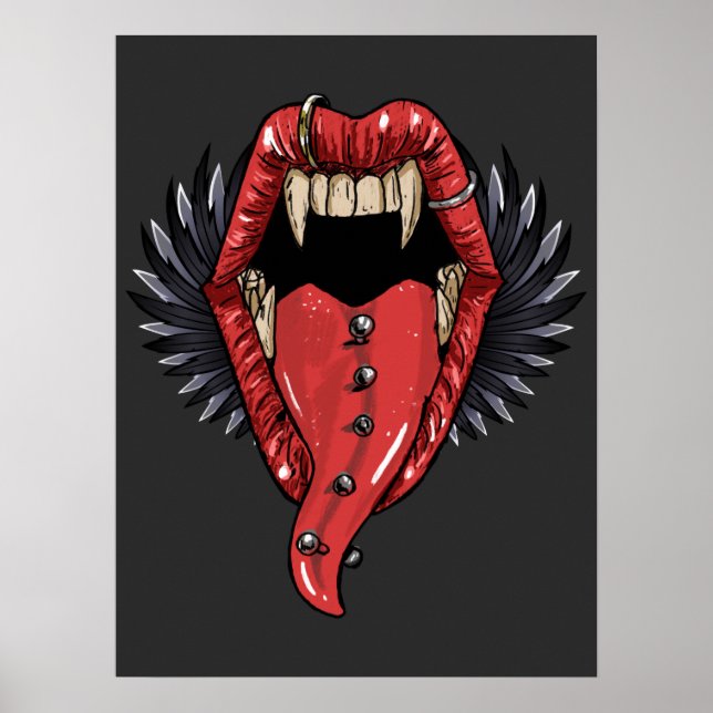 Poster Bouche Vampire Ouverte Avec Lèvres Rouges Et Longs (Devant)