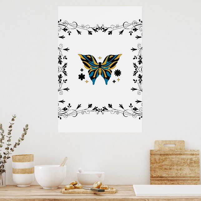 Poster Bouchon blanc - Papillon noir et bleu (Cuisine)