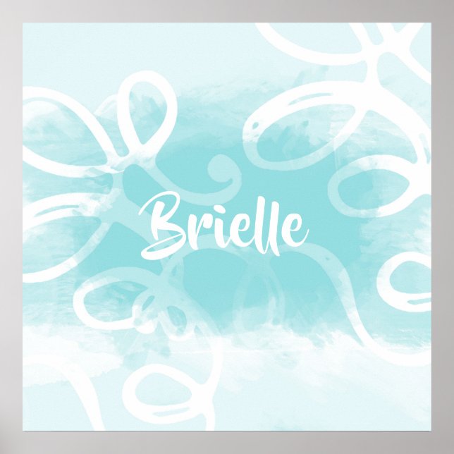Poster Boucles Chic Pastel Bleu Aquarelle Avec Nom (Devant)