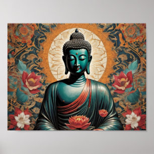 Poster Bouddha Siddarta Gautama en méditation avec fleurs