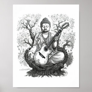 Poster Bouddha Vintage Jouant de la Guitare Yoga Musique 