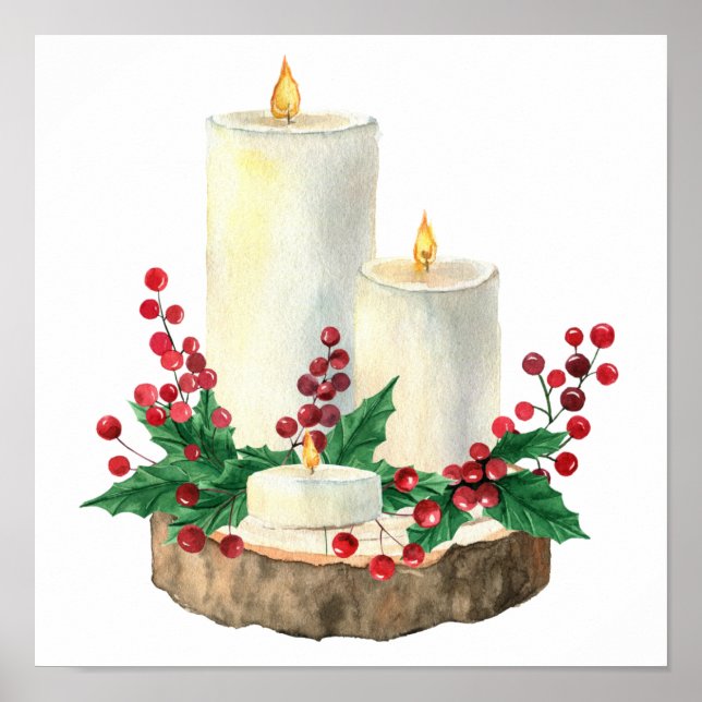 Poster Bougies de Noël en aquarelle Berries Feuilles (Devant)