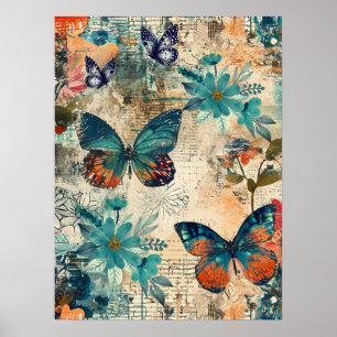 Poster Bouho coloré gras papillon floral Art Abstrait